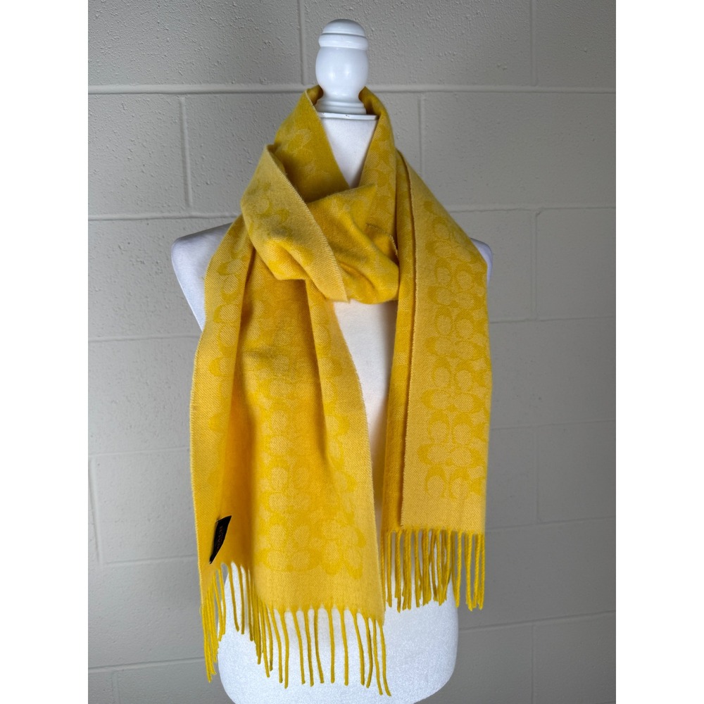 COACH Signature C Bright Yellow Scarf Tonal Jacquard Monogram Pattern Fringe End